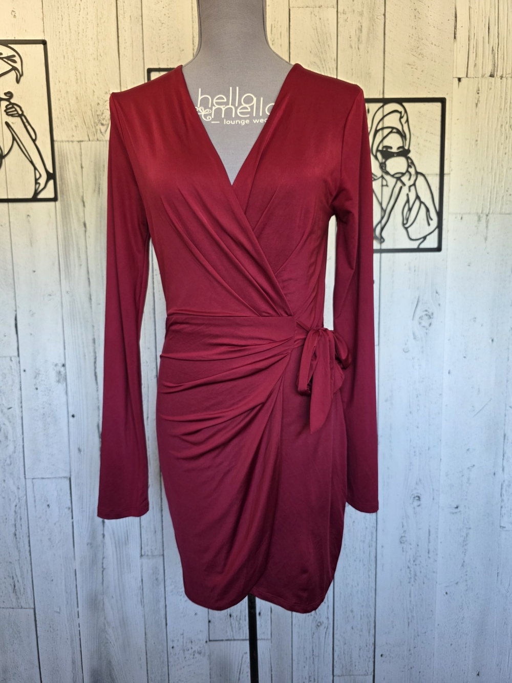 Revamped Dark Red Ruched Wrap Style Mini Dress Size L Date Night Gping Out